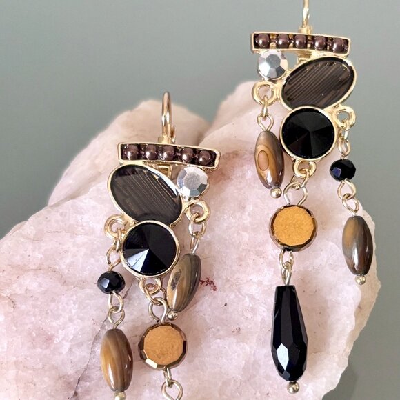 Elegant Black Copper Brown Faceted Beads Beaded Tassels Dangle Earrings New - Picture 1 of 5